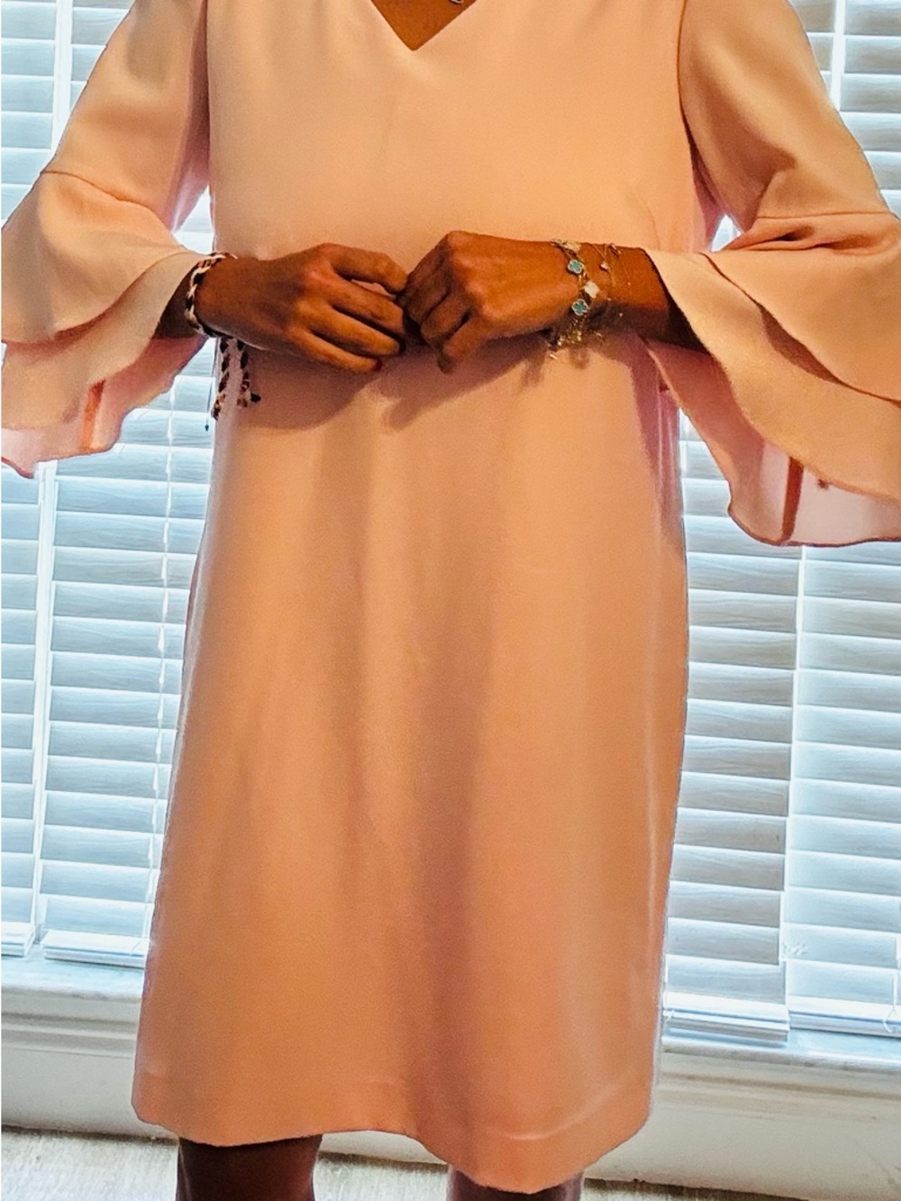Tahari Woman Blush Pink V-Neck Bell Sleeve Midi Dress